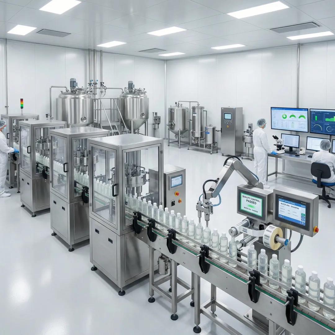 Professional shampoo manufacturing facility with filling equipment and quality control