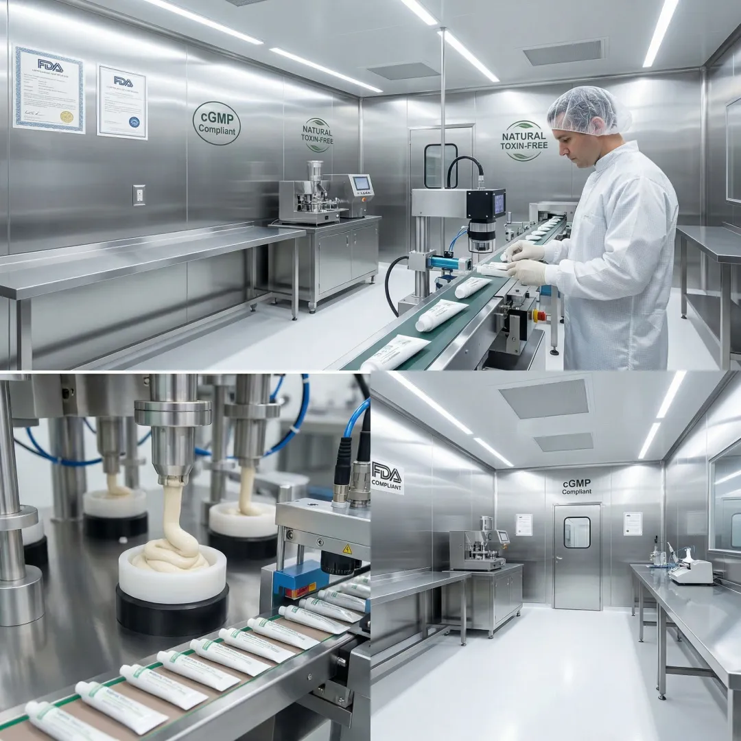 Toxin-free toothpaste tubes being filled on manufacturing line