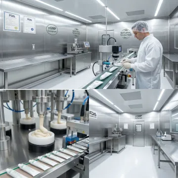 Toxin-free toothpaste tubes being filled on manufacturing line