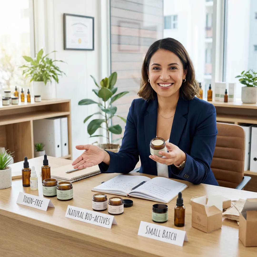 Entrepreneur reviewing private label product samples and formulations