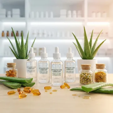 Natural plant-based lubricating gel ingredients and finished products in clear bottles