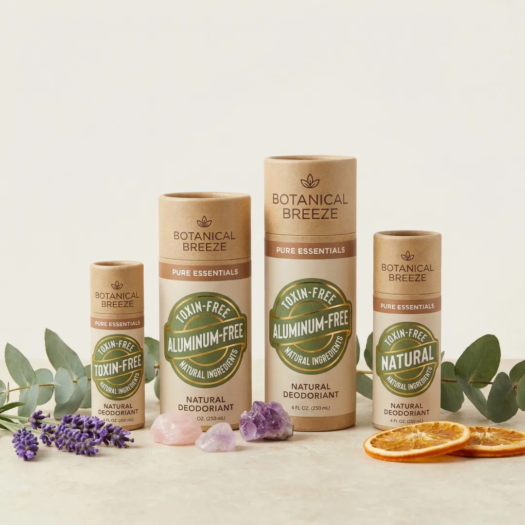 Various natural deodorant stick products with custom branding and packaging