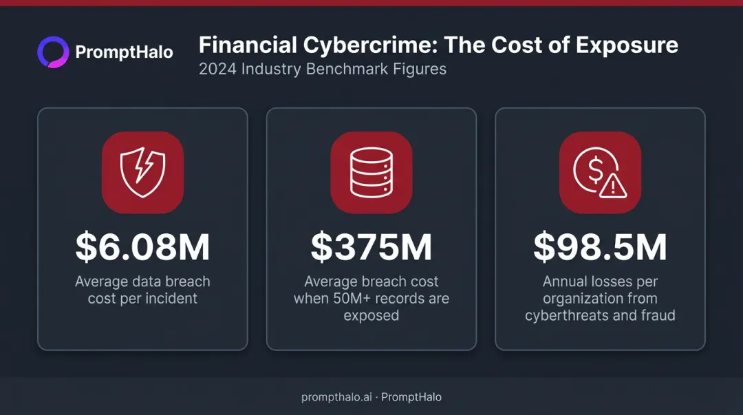 Financial sector cybercrime cost statistics infographic showing breach and loss figures