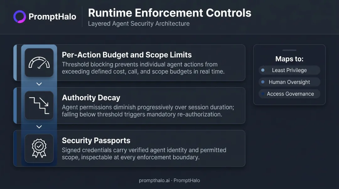 Runtime enforcement three-layer controls per-action budget authority decay security passports