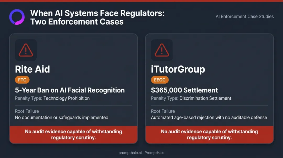 Two AI regulatory enforcement cases showing root failures and penalties