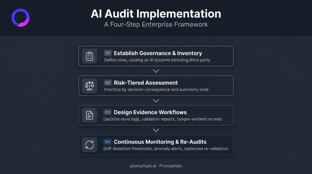 AI audit implementation four-step process from governance inventory to continuous monitoring