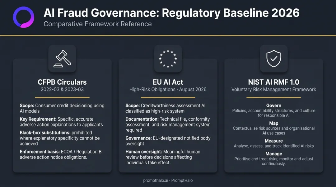 Three AI fraud governance regulatory frameworks CFPB EU AI Act and NIST RMF comparison