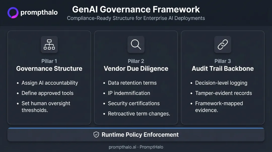 GenAI governance framework three-pillar structure covering accountability vendor diligence and audit trails