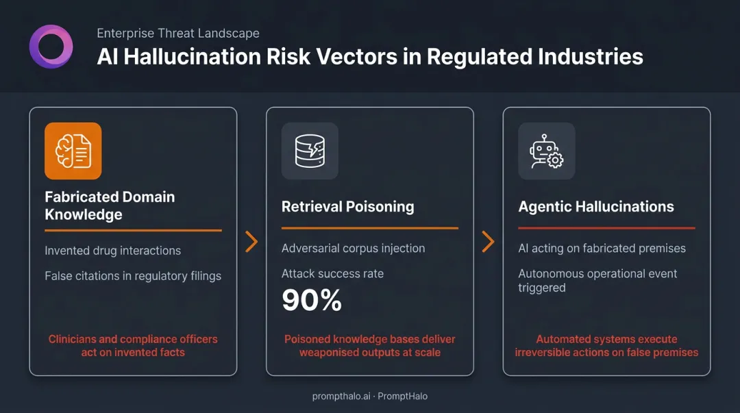 Three AI hallucination risk vectors in regulated industries process diagram