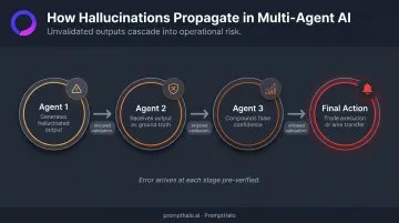 Multi-agent AI hallucination propagation chain workflow showing error accumulation across handoffs