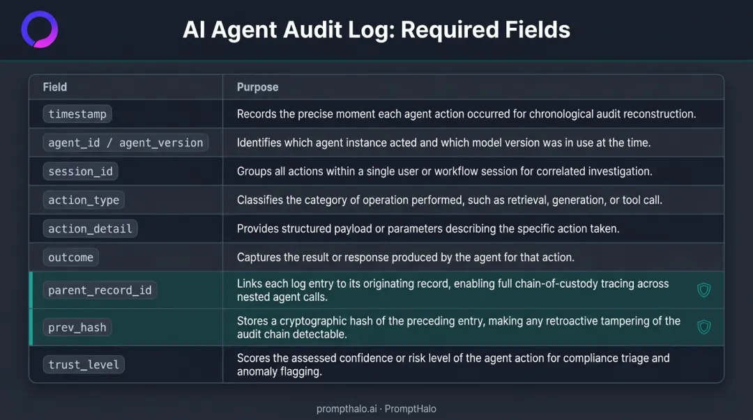 AI agent audit log required fields structured data schema overview infographic