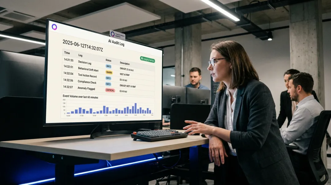 Security compliance audit log dashboard displaying tamper-evident AI decision records