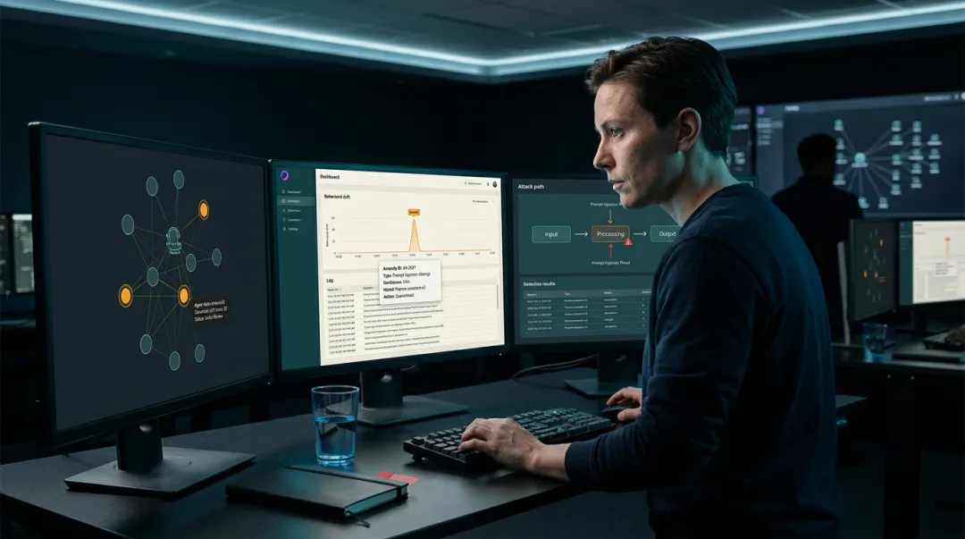 Security analyst reviewing agentic AI red team findings on multiple monitor dashboard