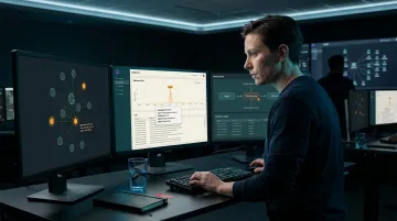 Security analyst reviewing agentic AI red team findings on multiple monitor dashboard