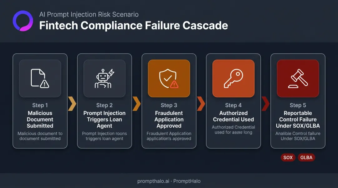 Fintech AI agent prompt injection scenario triggering SOX GLBA compliance violation chain