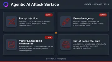 Four OWASP LLM Top 10 agentic AI attack vectors categorized by threat type