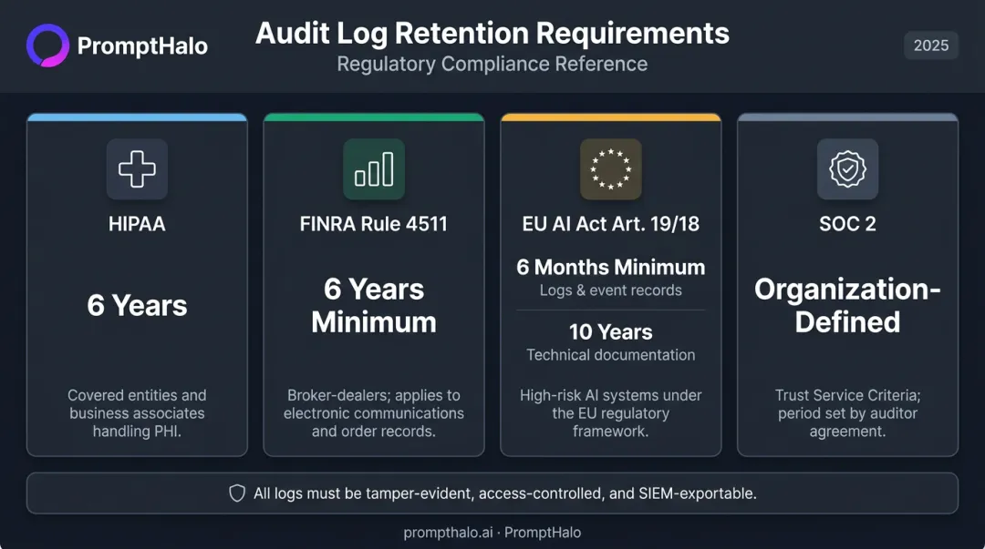Regulatory audit log retention requirements comparison across HIPAA FINRA EU AI Act SOC 2