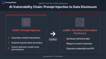 LLM01 prompt injection and LLM02 disclosure cause and effect relationship diagram