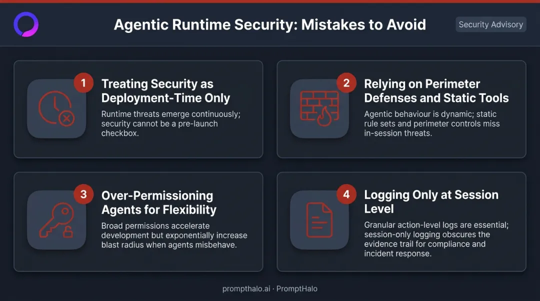Four common agentic AI runtime security mistakes organizations must avoid infographic