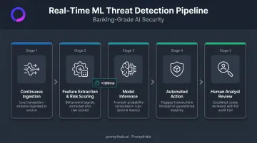 Five-step real-time ML threat detection pipeline for banking transactions infographic