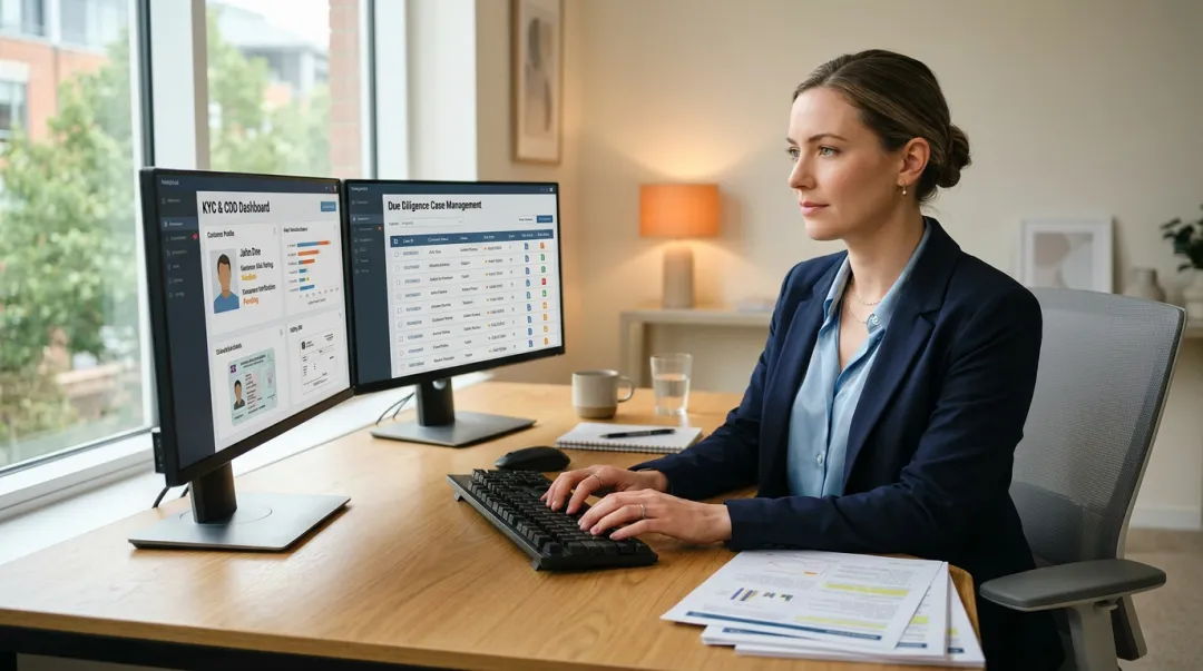 Compliance officer reviewing KYC customer due diligence documentation on computer screen