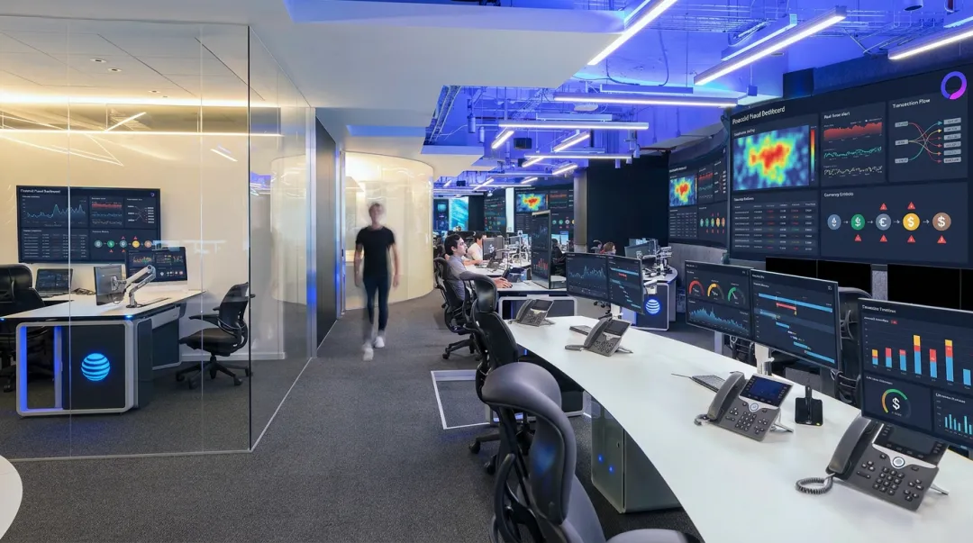 Financial fraud analyst reviewing AI-generated threat data on enterprise security dashboard