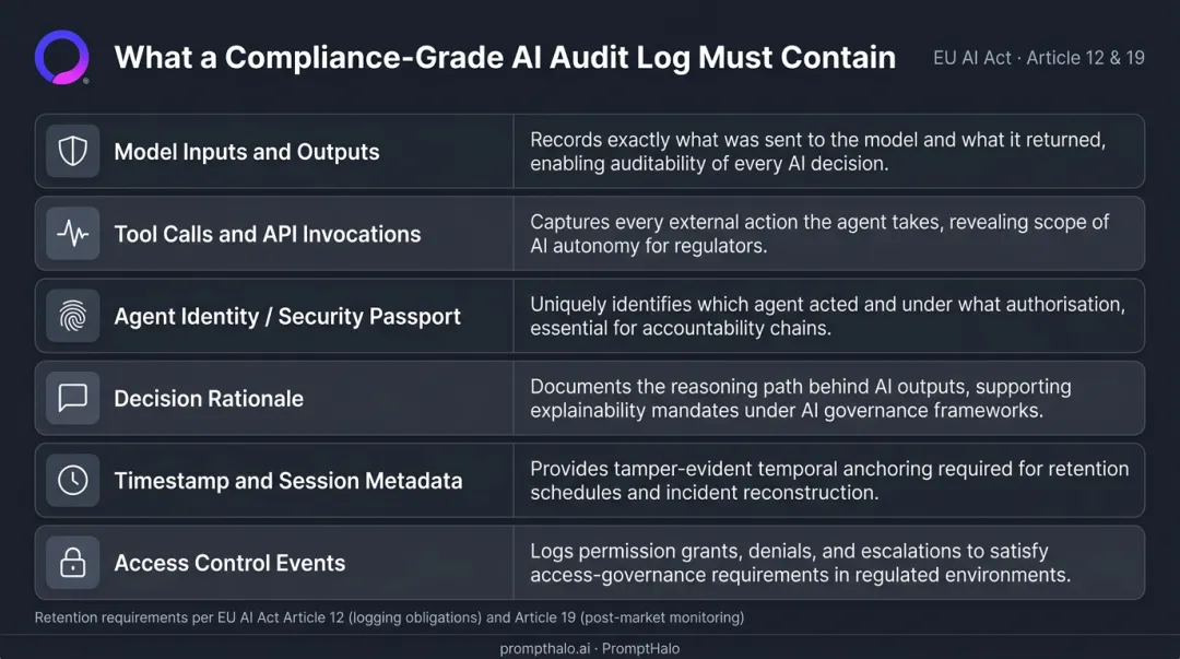 Compliance-grade AI audit log required elements and regulatory purpose comparison table