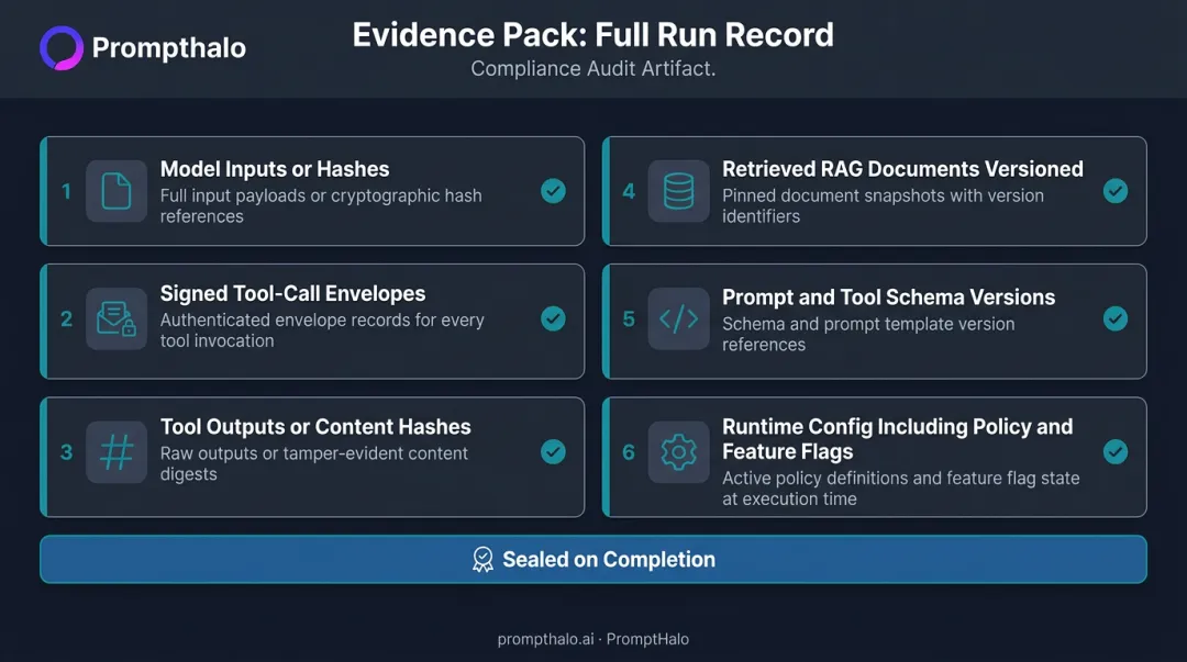 Evidence pack components for deterministic AI agent run replay audit