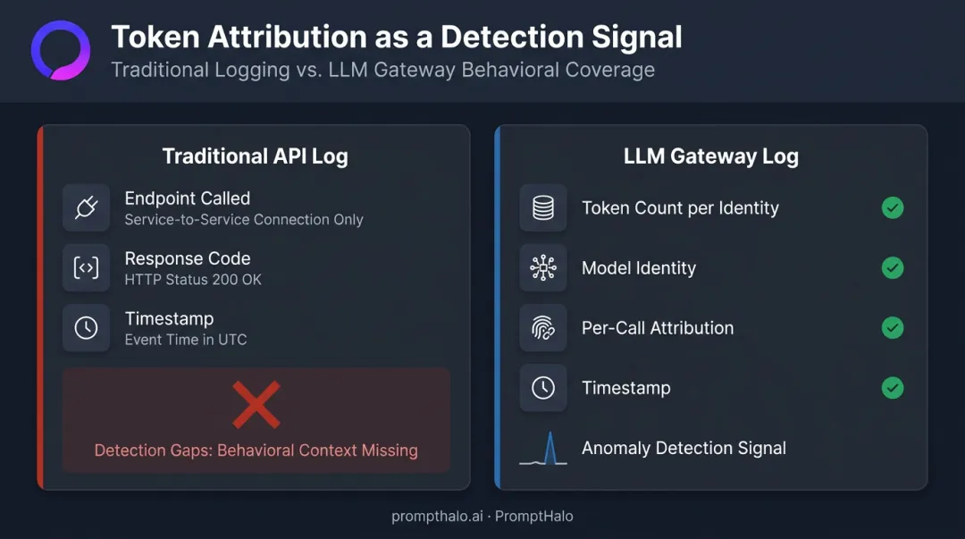 LLM token consumption anomaly detection signals versus traditional API log gaps