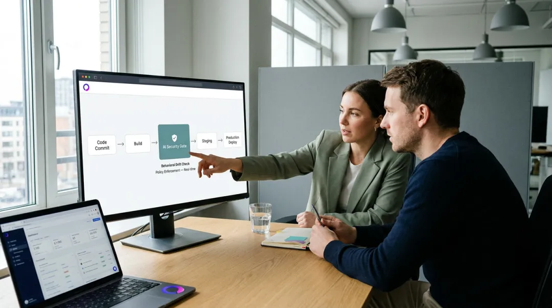 Security and engineering teams collaborating to ship AI features through pre-approved guardrail pipeline