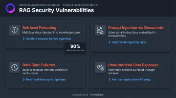 Four RAG-specific security threats with attack vectors and governance controls