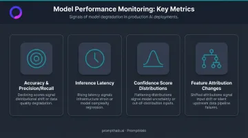 Four key AI model performance monitoring metrics with detection signals infographic