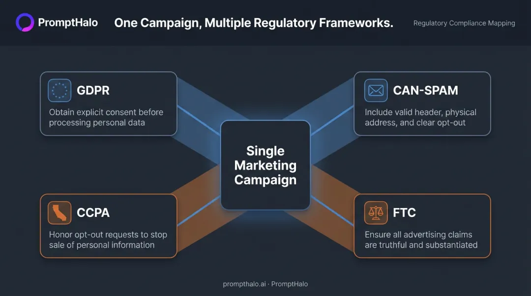 Multi-framework regulatory mapping for fintech email campaign compliance overlap diagram