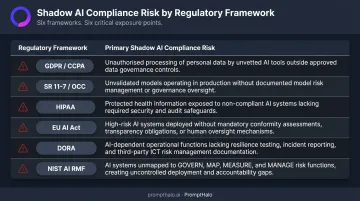 Shadow AI regulatory framework risk summary table across six compliance standards