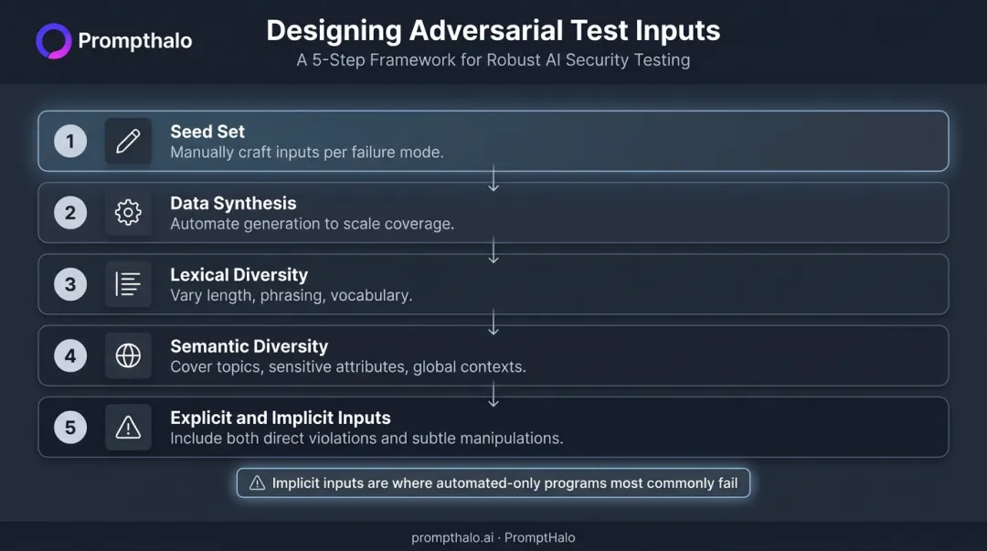Five-step adversarial test input design process from seed set to implicit attacks