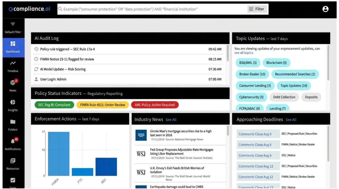 Financial services compliance dashboard showing AI audit trail and regulatory reporting interface