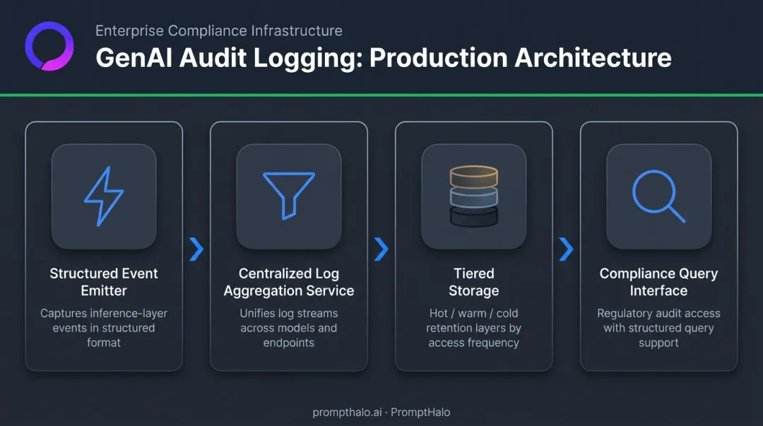 Four-component GenAI audit logging architecture from inference layer to compliance query interface