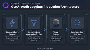 Four-component GenAI audit logging architecture from inference layer to compliance query interface