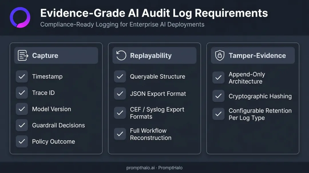 AI audit log compliance requirements replayability and SIEM export specifications checklist