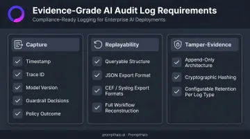 AI audit log compliance requirements replayability and SIEM export specifications checklist