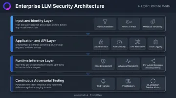 Four-layer enterprise LLM security architecture from input controls to adversarial testing infographic