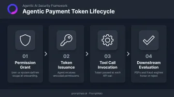 4-step AI agent token lifecycle in agentic payment flow diagram
