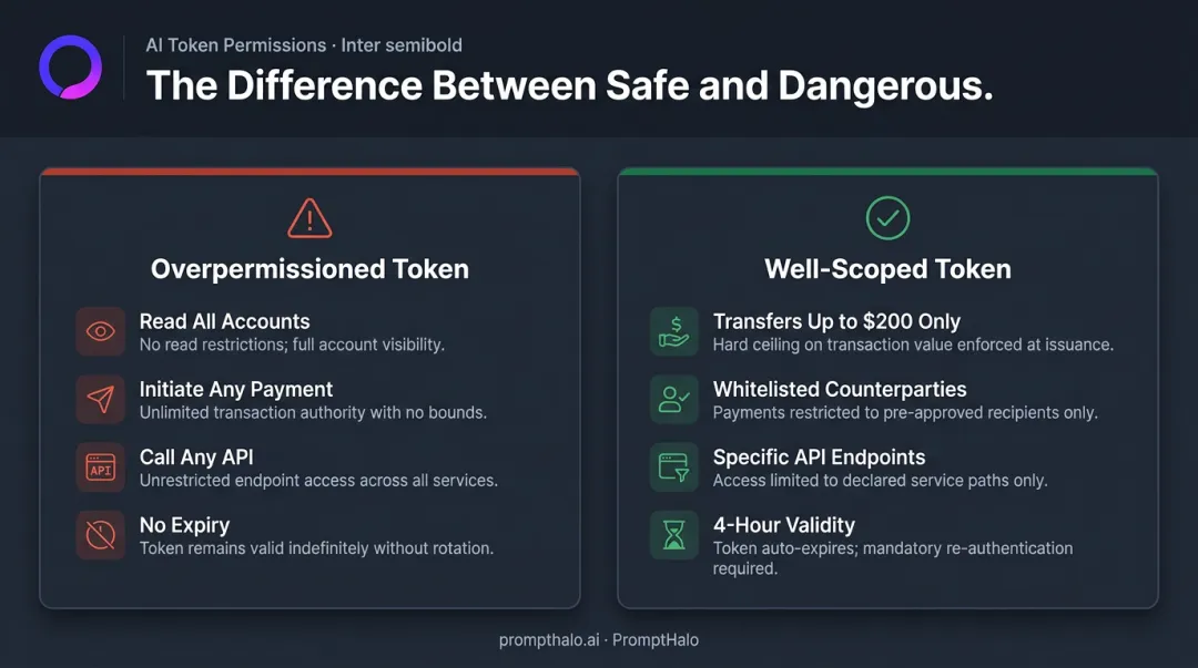 Overpermissioned versus well-scoped AI agent token side-by-side comparison infographic