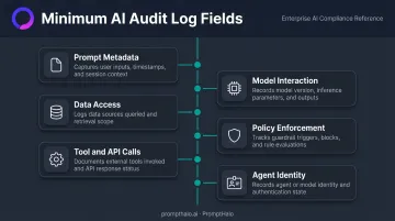 Six required AI audit log fields covering prompt model data policy tool and agent identity