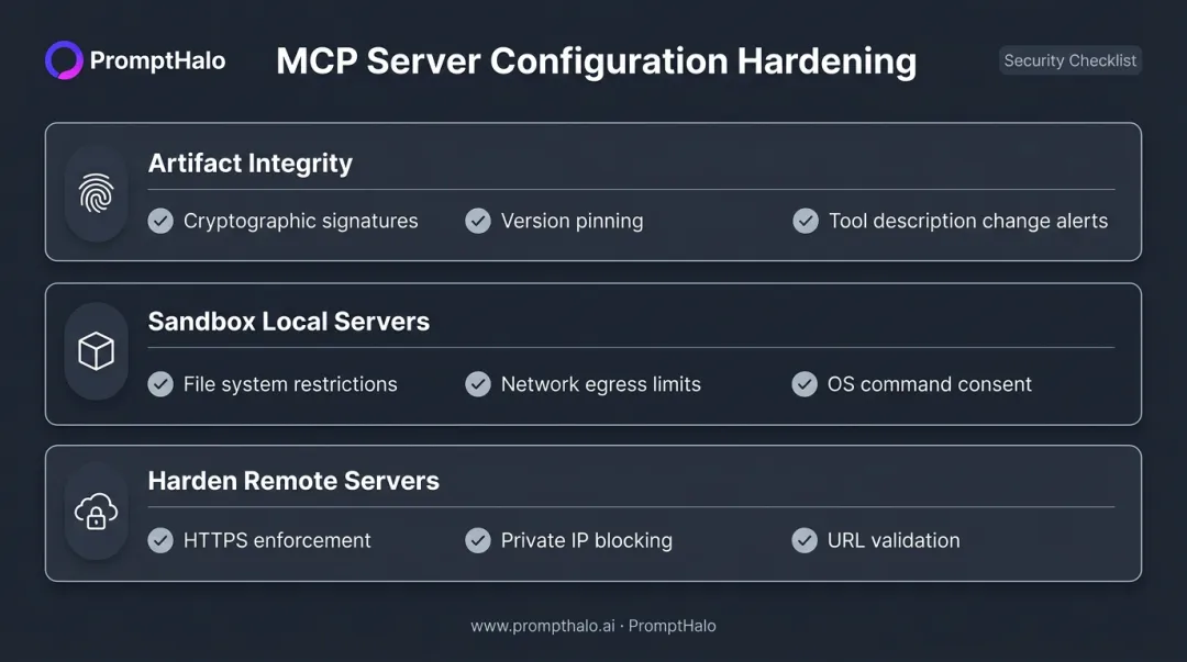 MCP server hardening checklist covering artifact integrity sandboxing and remote server controls