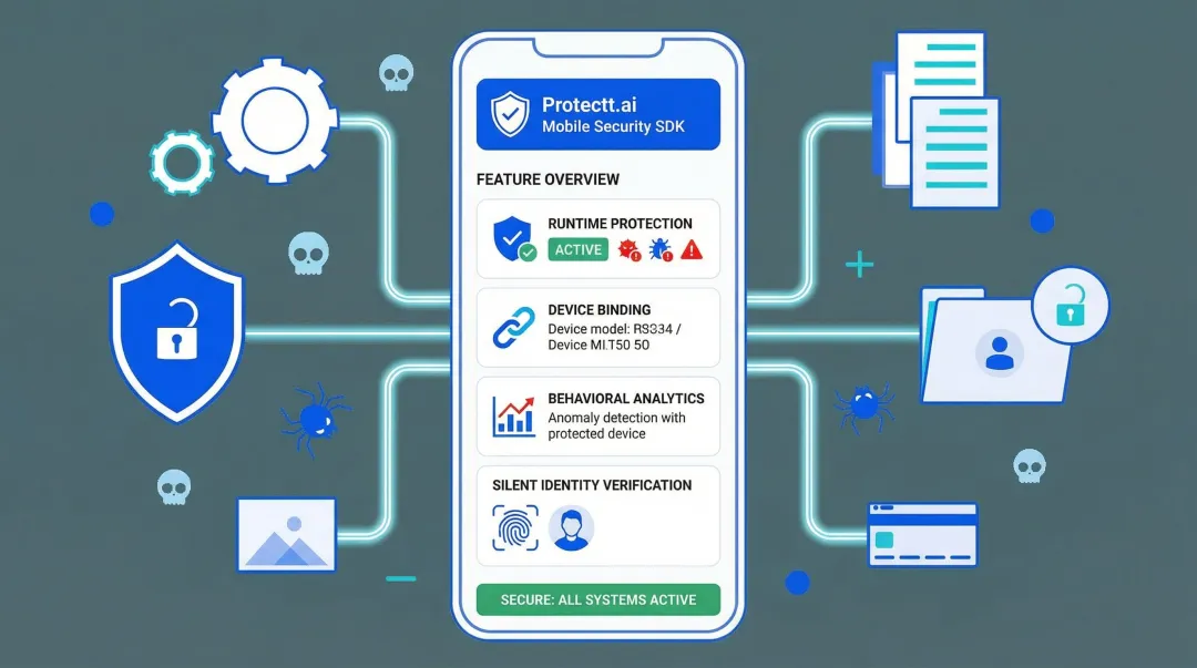 Protectt.ai mobile security SDK dashboard displaying real-time threat detection features