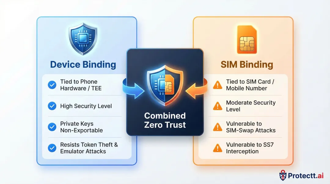 Device binding versus SIM binding security comparison infographic with key differences