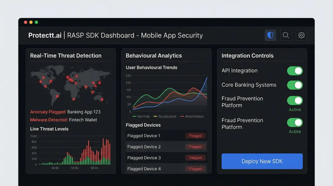 Protectt.ai RASP SDK dashboard showing real-time AI threat detection and behavioural analytics