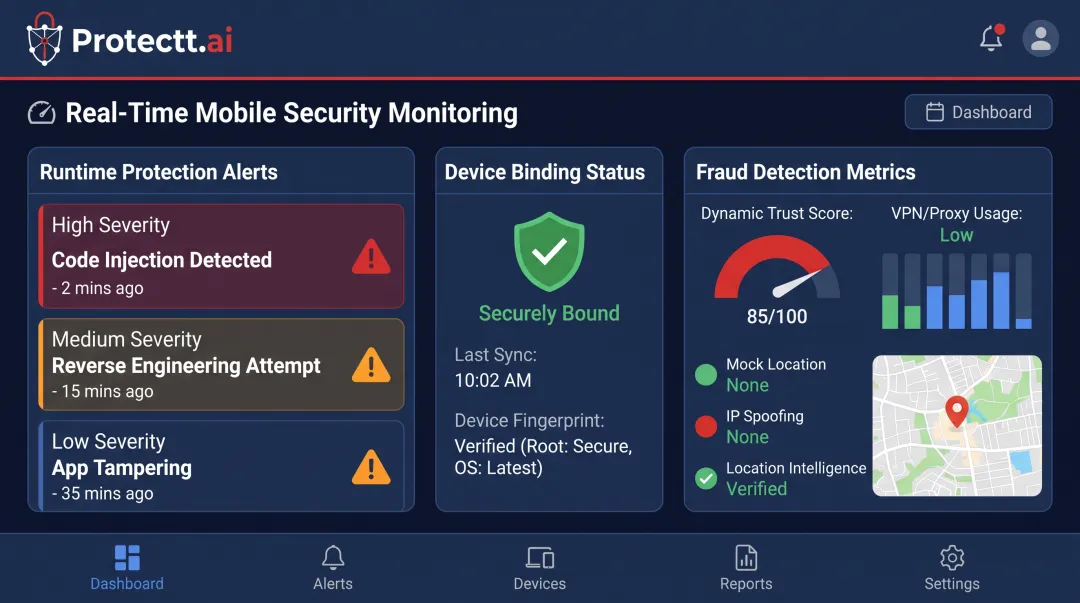 Protectt.ai mobile app security dashboard showing RASP and fraud detection features