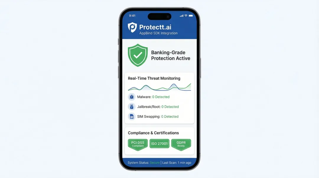 Protectt.ai mobile banking security platform dashboard showing AppBind integration and compliance certifications